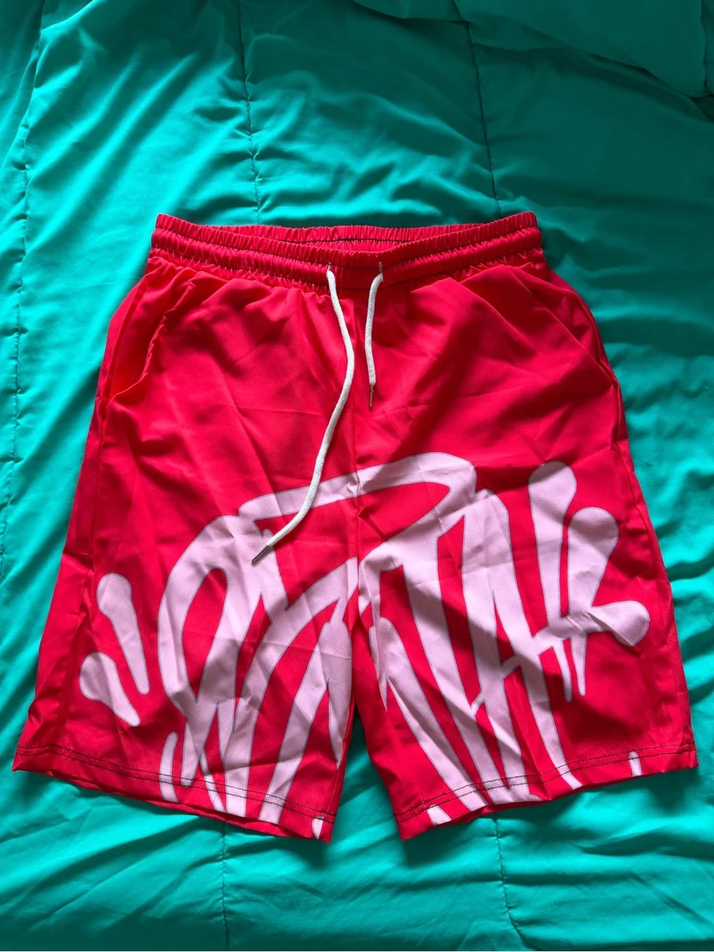 SHEIN Bright Red Board Shorts with White Graphic